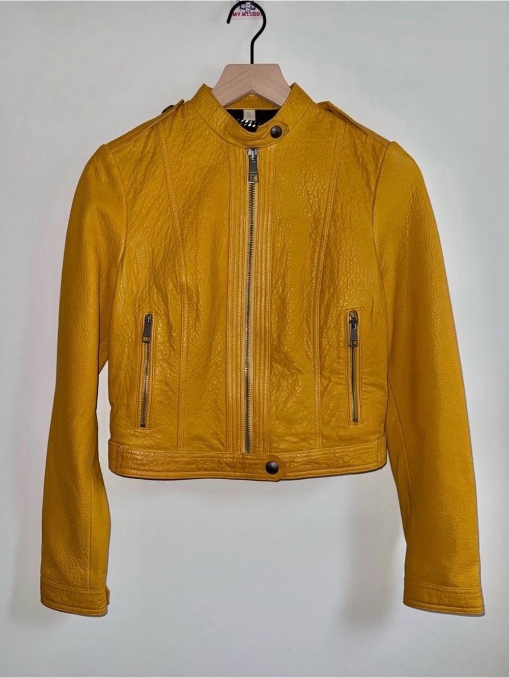 Burberry Genuine Leather Zip Up Jacket Mustard Yellow Moto Women’s Size 6